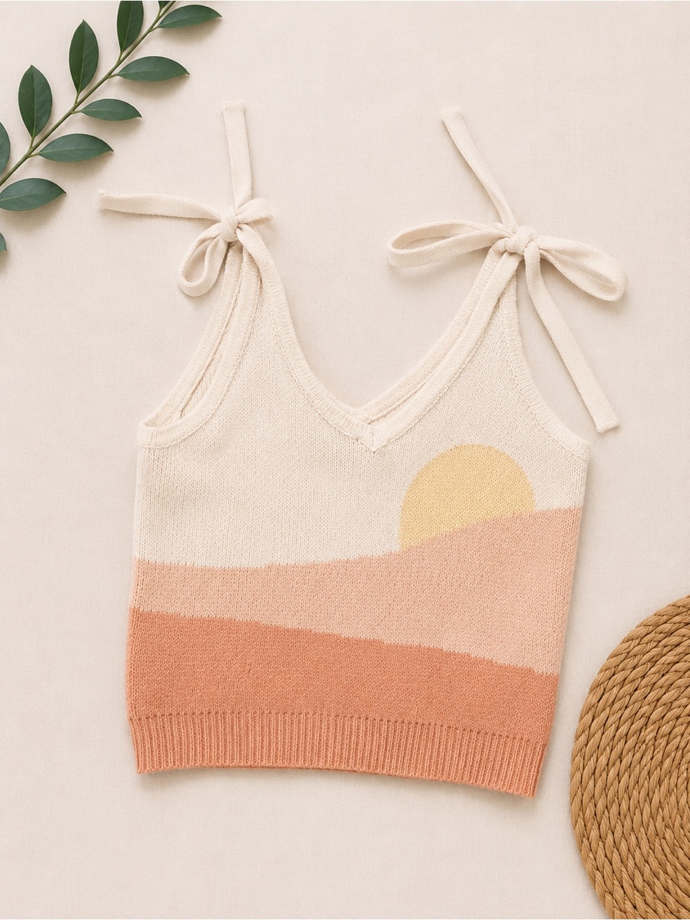 Sunset Knit Tank Top Tie Shoulder Cottagecore Coastal Summer Small